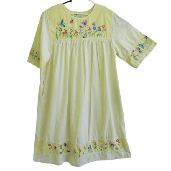 Vintage 80s Housecoat Dress MuuMuu Yellow Stripe Flower Insect Embroidery Pocket